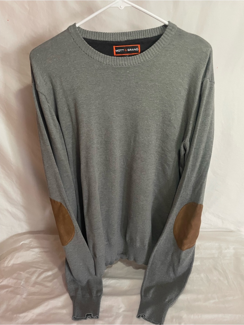 Men's Gray Crewneck Sweater with Brown Elbow Patches